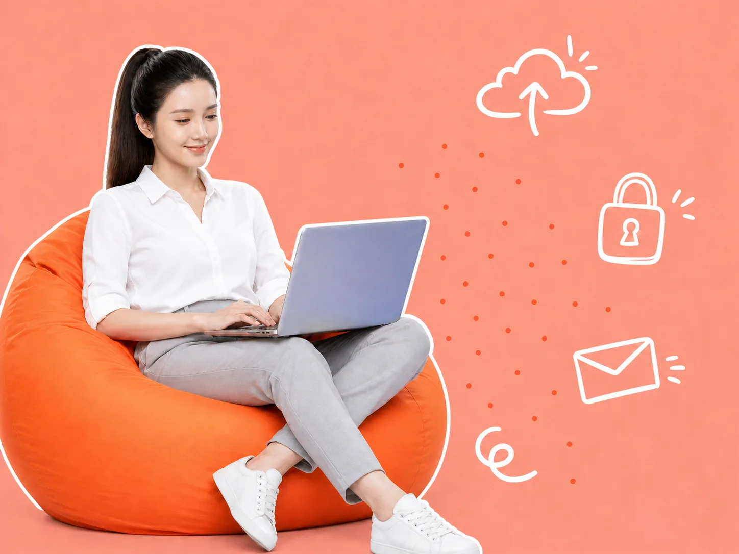 Nhân viên BizMaC ngồi ghế thư giãn với laptop, quanh là ký hoạ hosting, bảo mật và email