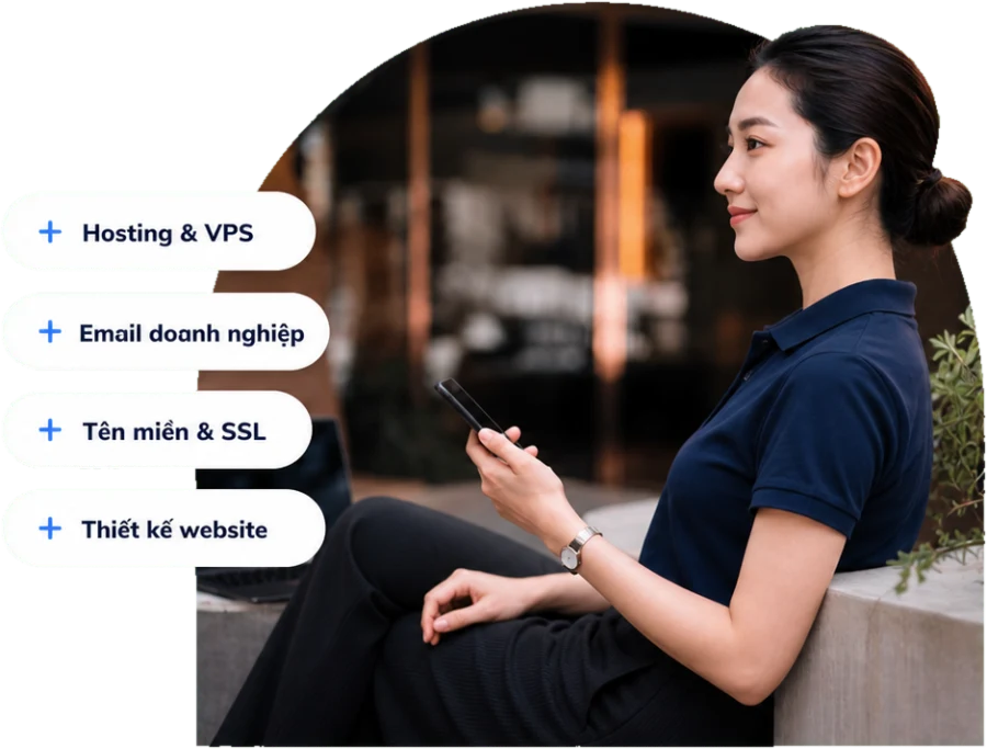 Chuyên viên BizMaC và bốn nhóm dịch vụ: Hosting & VPS, Email doanh nghiệp, Tên miền & SSL, Thiết kế website