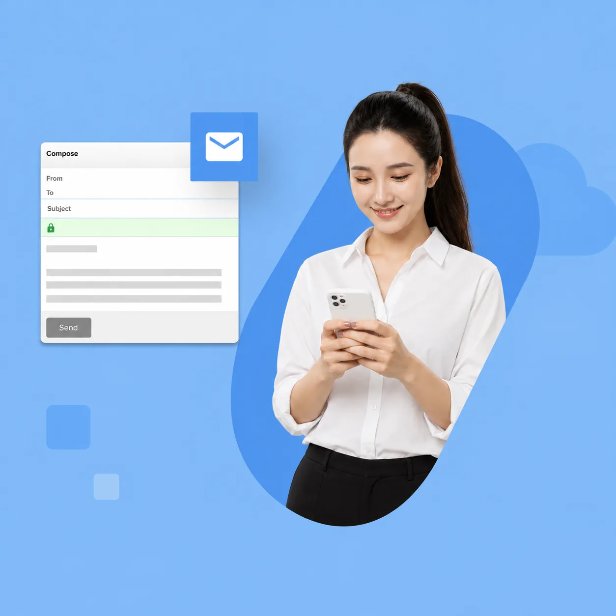 Nhân viên BizMaC đọc thư trên điện thoại bên cửa sổ soạn email của doanh nghiệp