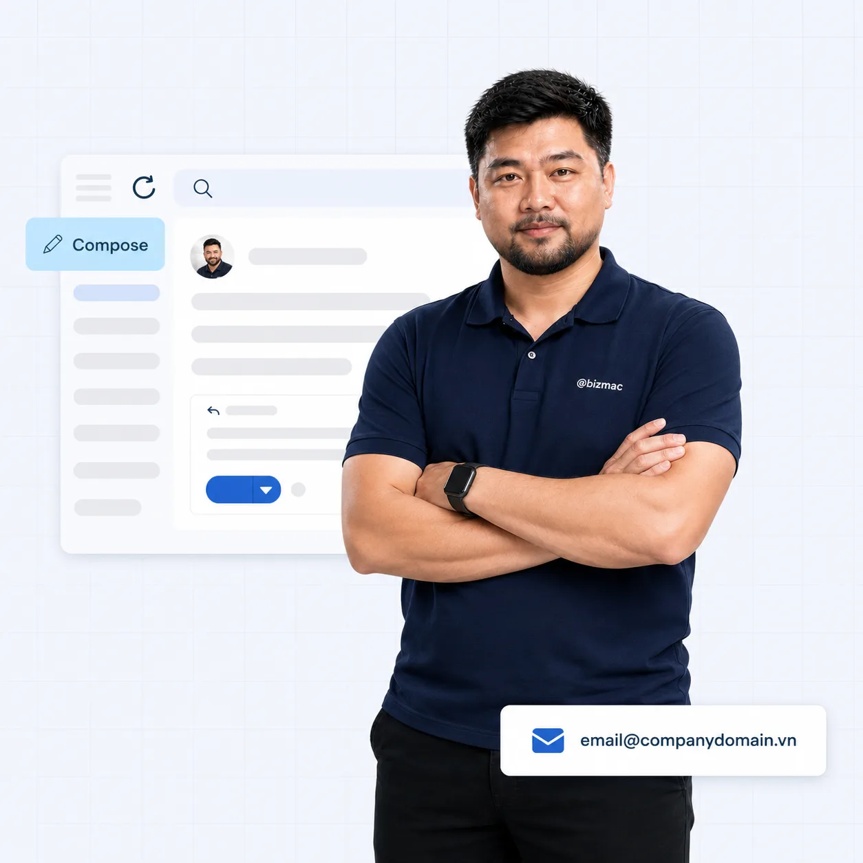 Kỹ sư hệ thống BizMaC bên giao diện webmail và địa chỉ email theo tên miền công ty