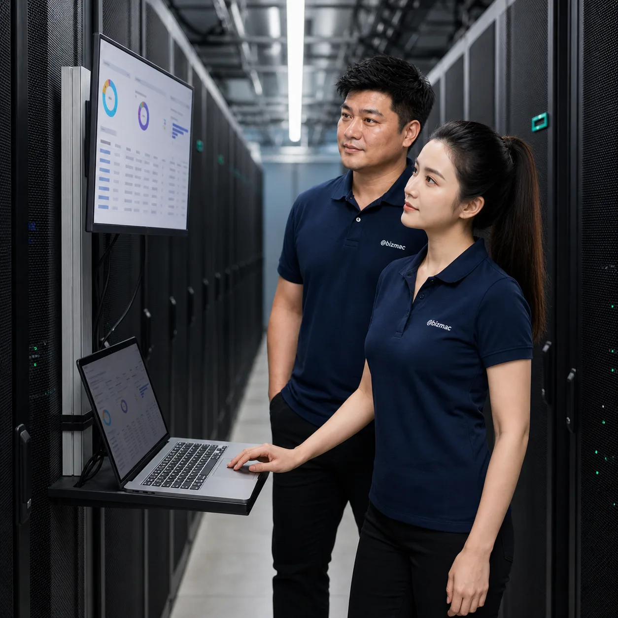 Hai kỹ thuật viên BizMaC theo dõi bảng giám sát máy chủ trong phòng server
