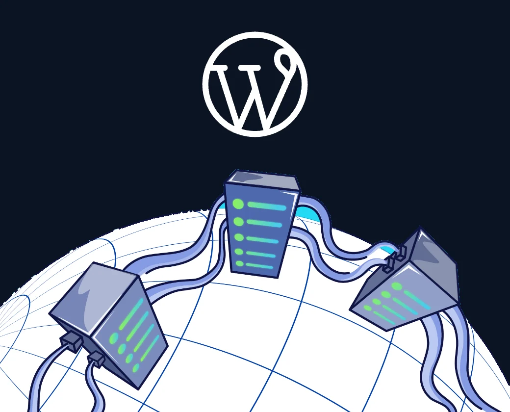 Sơ đồ máy chủ WordPress Hosting nối vào mạng toàn cầu, biểu tượng WordPress phía trên