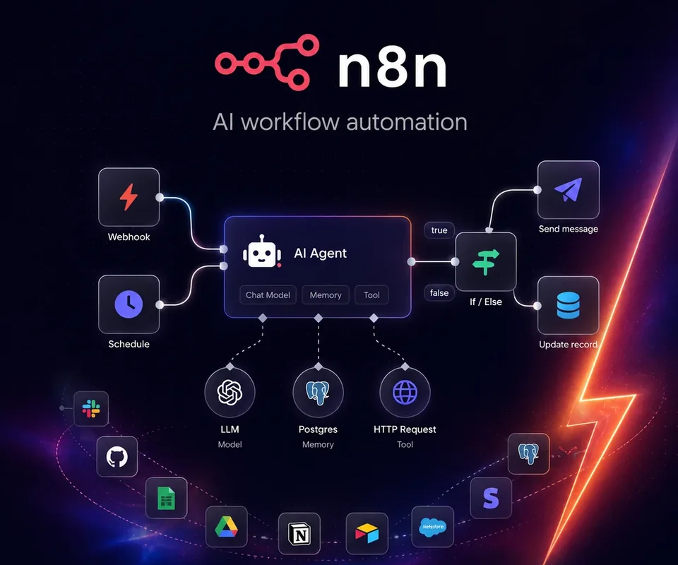 Sơ đồ workflow n8n: node Webhook và Schedule chạy vào AI Agent, rẽ nhánh If/Else rồi gửi tin nhắn và cập nhật dữ liệu