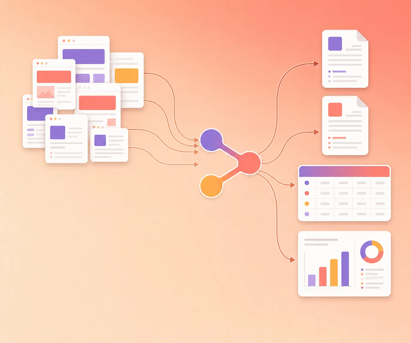 Sơ đồ workflow n8n gom dữ liệu từ nhiều trang web rồi tách ra thành bảng, tài liệu và báo cáo