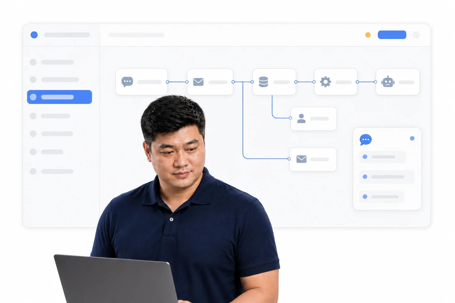 Kỹ sư BizMaC bên màn hình dựng workflow tự động: các node chat, email, cơ sở dữ liệu và AI agent nối thành luồng có nhánh rẽ