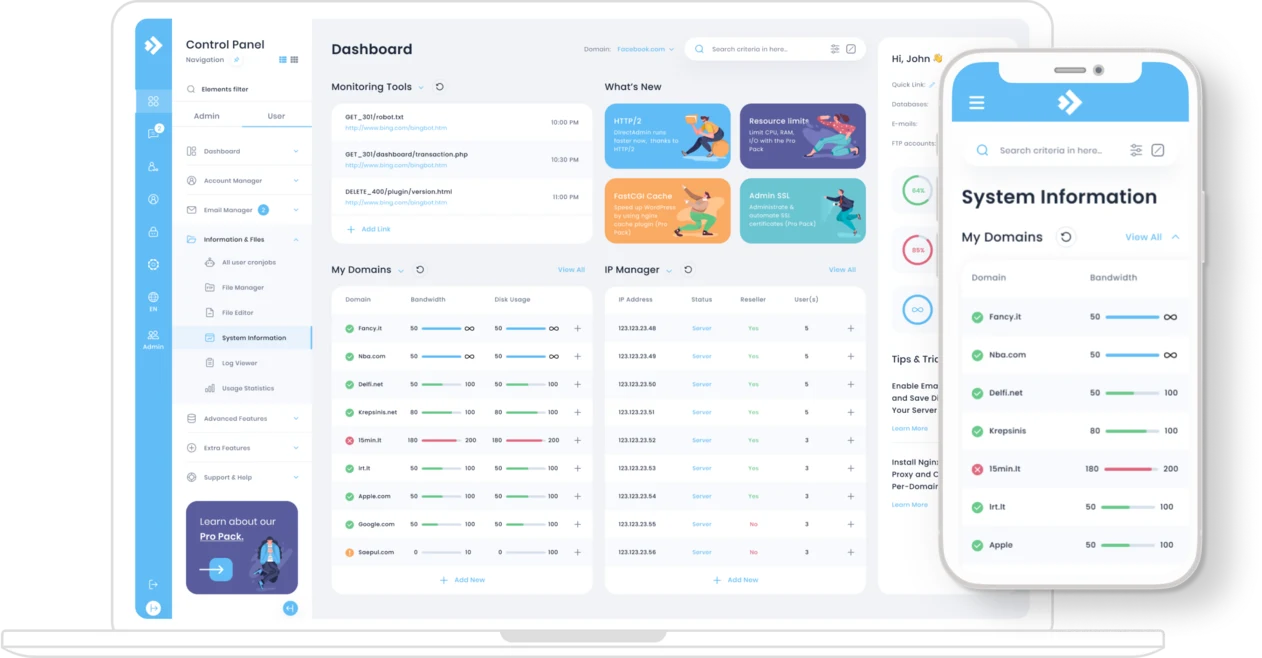 Giao diện DirectAdmin Evolution trên laptop và điện thoại: menu điều hướng bên trái, danh sách domain kèm dung lượng và băng thông