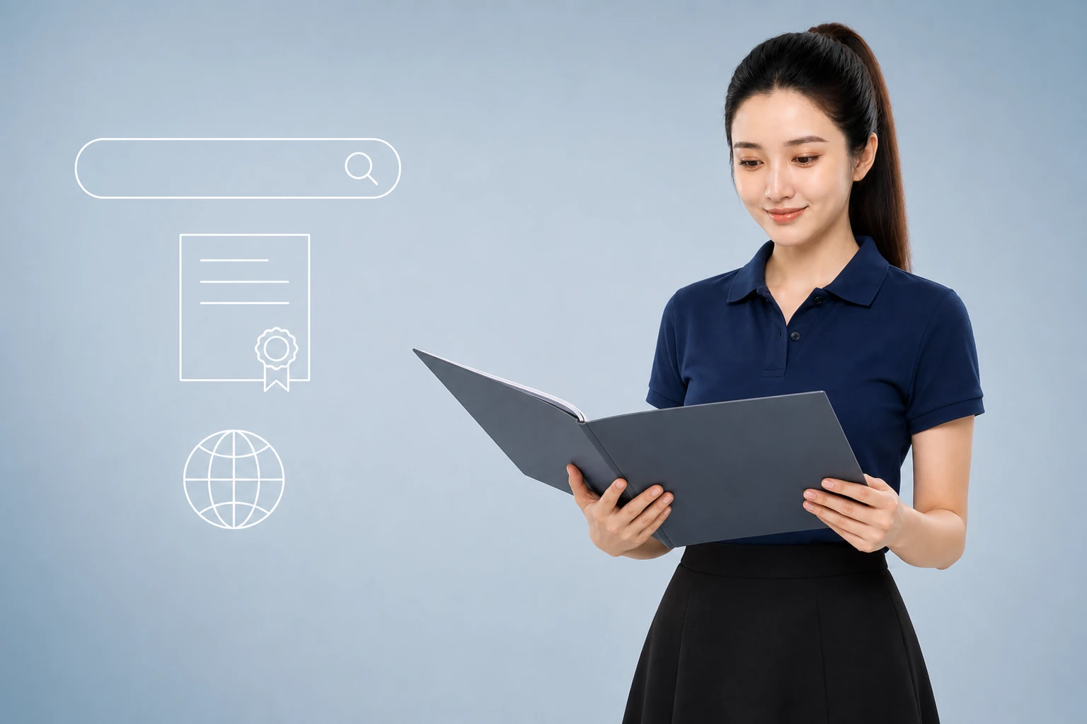 Nhân viên BizMaC cầm laptop bên thanh tra cứu tên miền BizMaC Domain