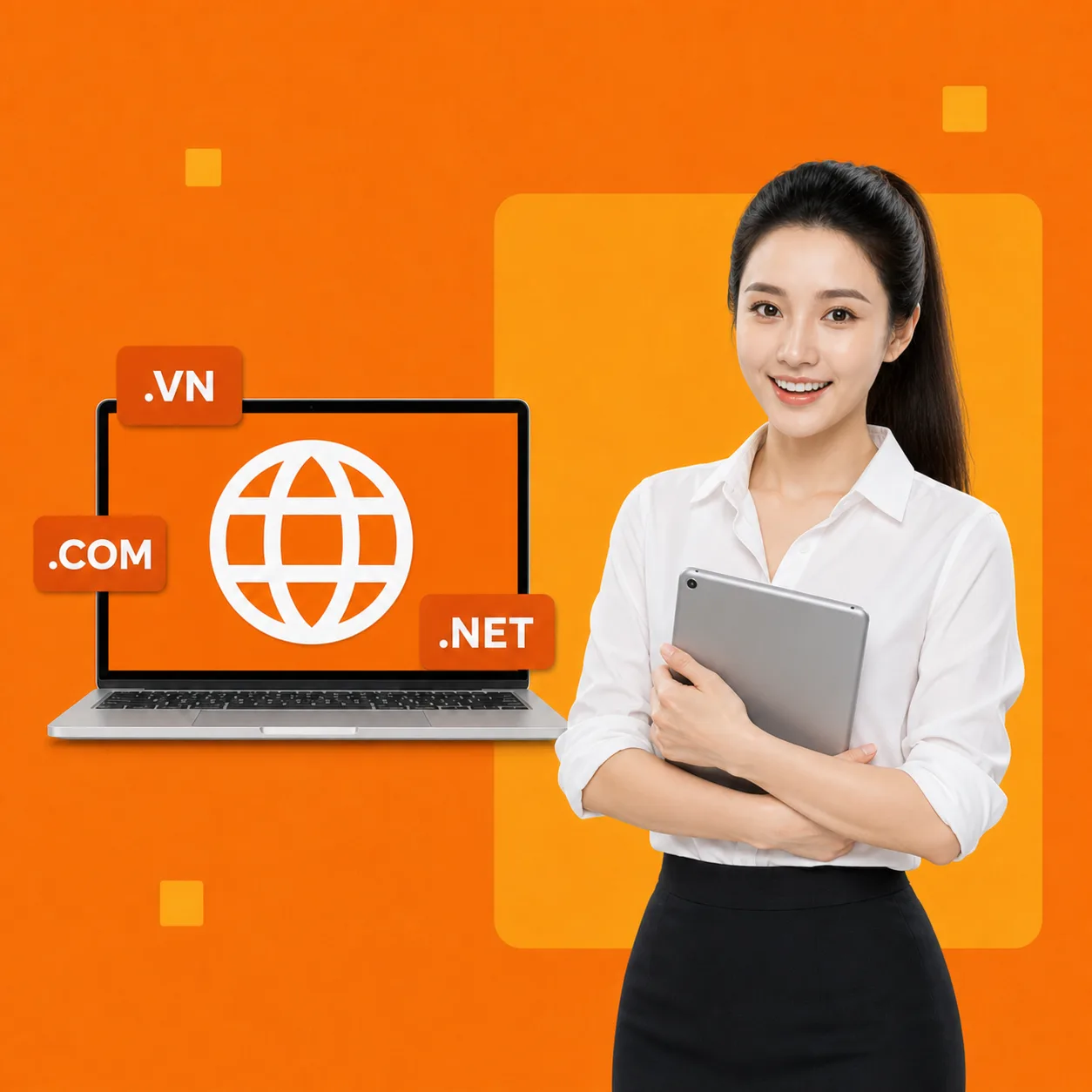 Ba đuôi tên miền .vn, .com, .net quanh màn hình laptop cùng nhân viên BizMaC