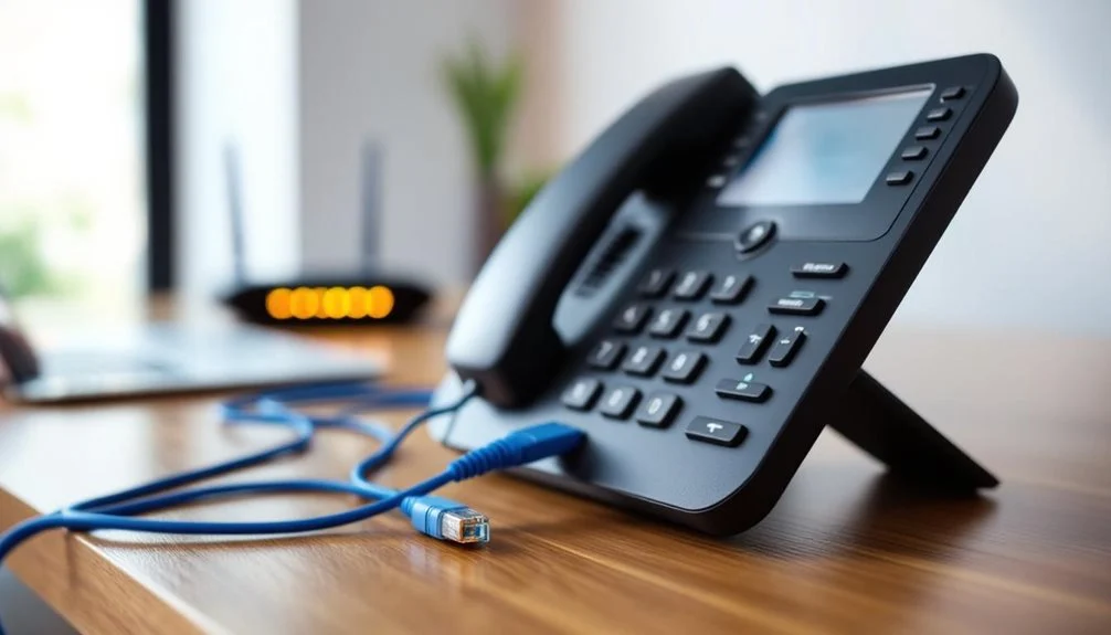 IP Phone để bàn cắm dây mạng, phía sau là router của văn phòng