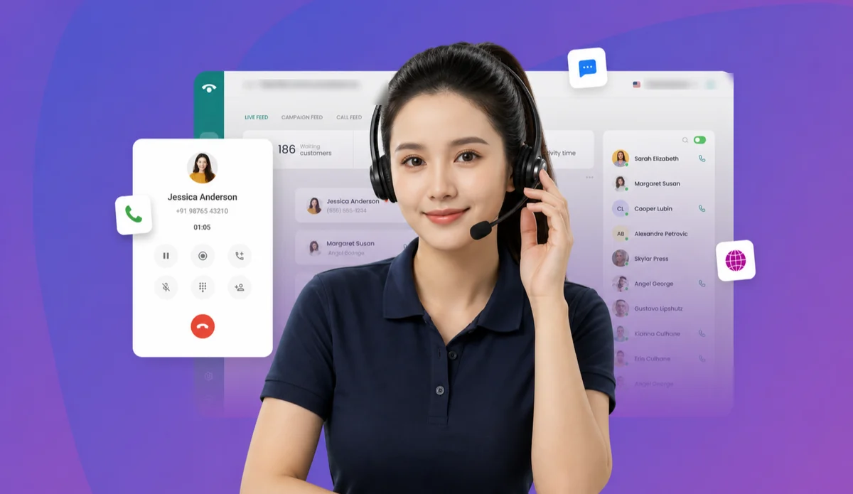 Nhân viên BizMaC đeo headset trực tổng đài, bên cạnh là màn hình quản lý cuộc gọi và danh sách máy nhánh