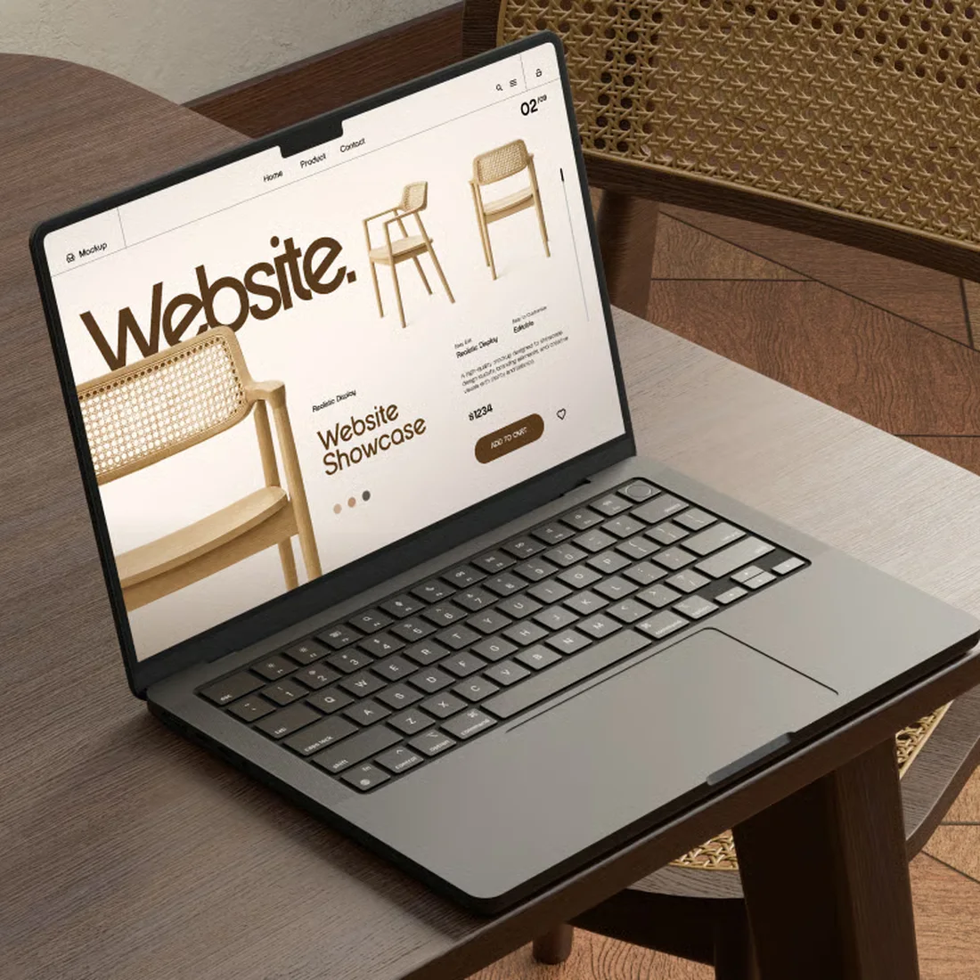 Website bán hàng nội thất mở trên laptop đặt cạnh chiếc ghế thật đang bán trên trang