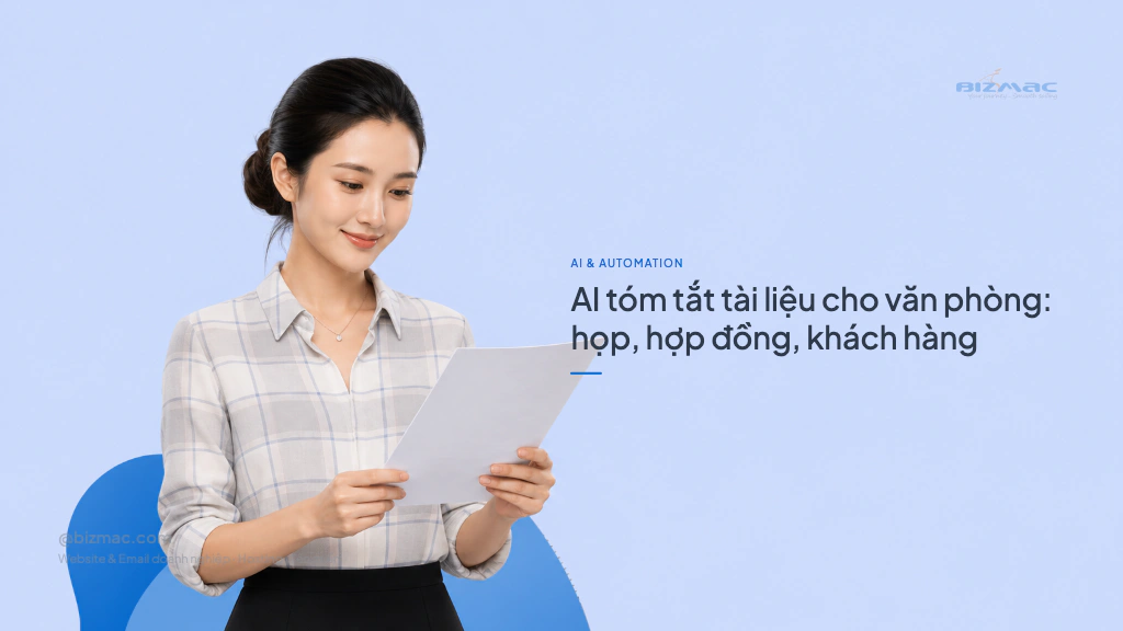 Minh hoạ cho bài AI tóm tắt tài liệu cho văn phòng: họp, hợp đồng, khách hàng