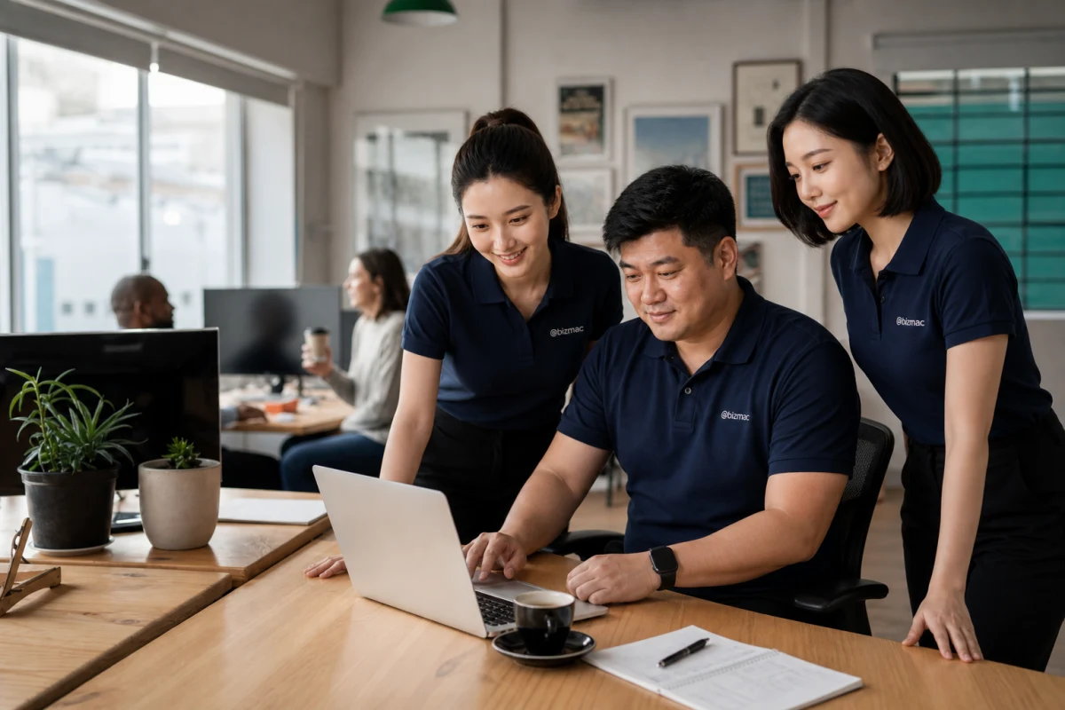 Ba chuyên viên hỗ trợ BizMaC cùng xem một yêu cầu của khách trên laptop